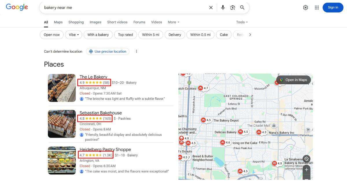 Reviews Map Pack example