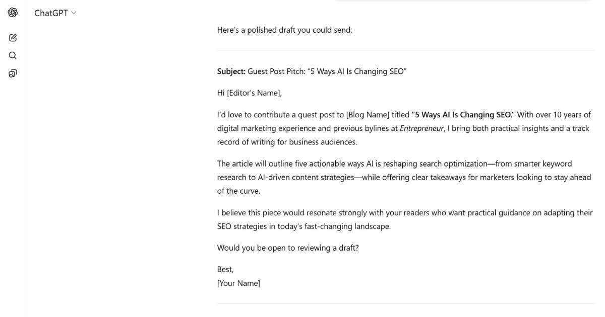 guest post pitch email by ChatGPT