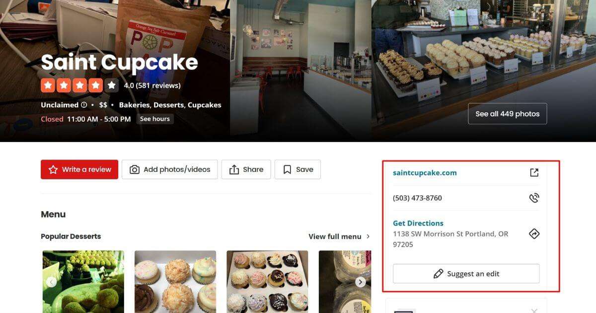 Yelp listing NAP example