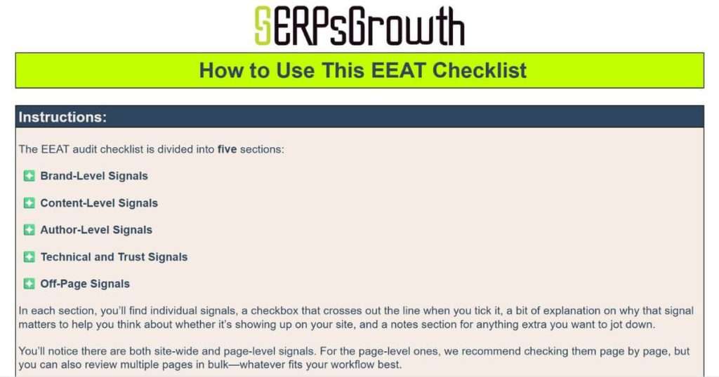 eeat seo checklist instructions