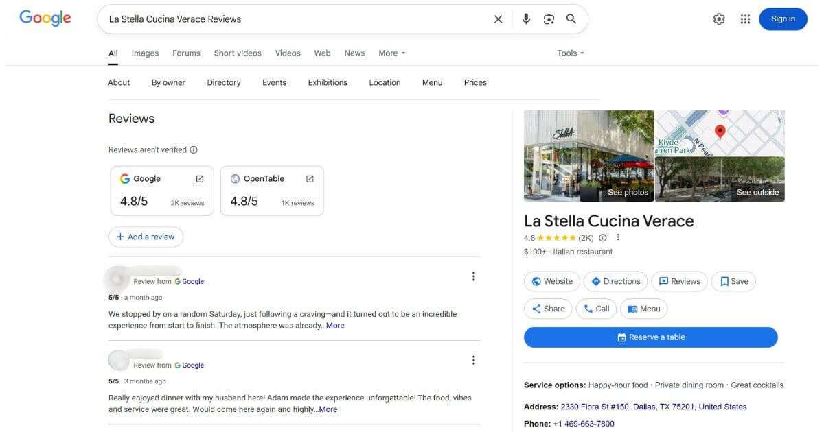 Google reviews example