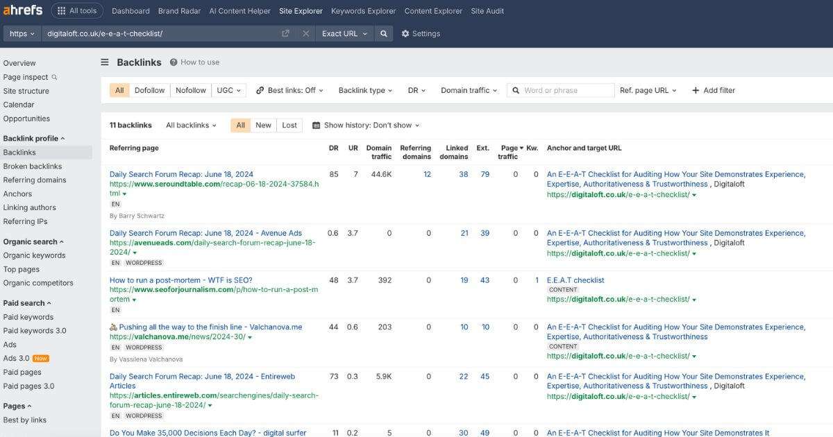 Ahrefs backlinks report