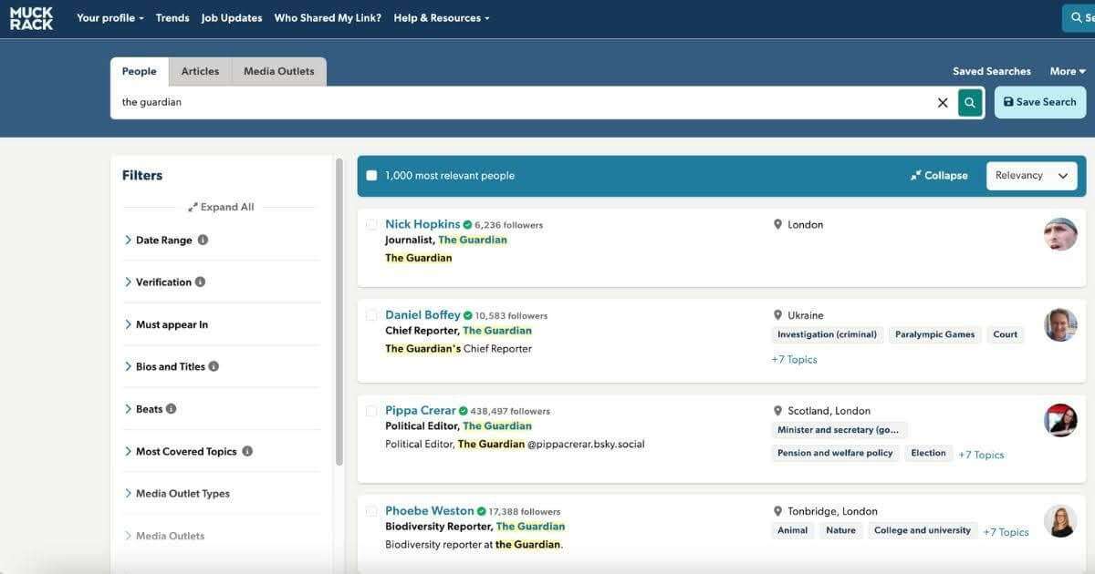 Muck Rack media database example