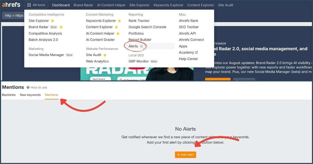 Ahrefs brand mention alerts