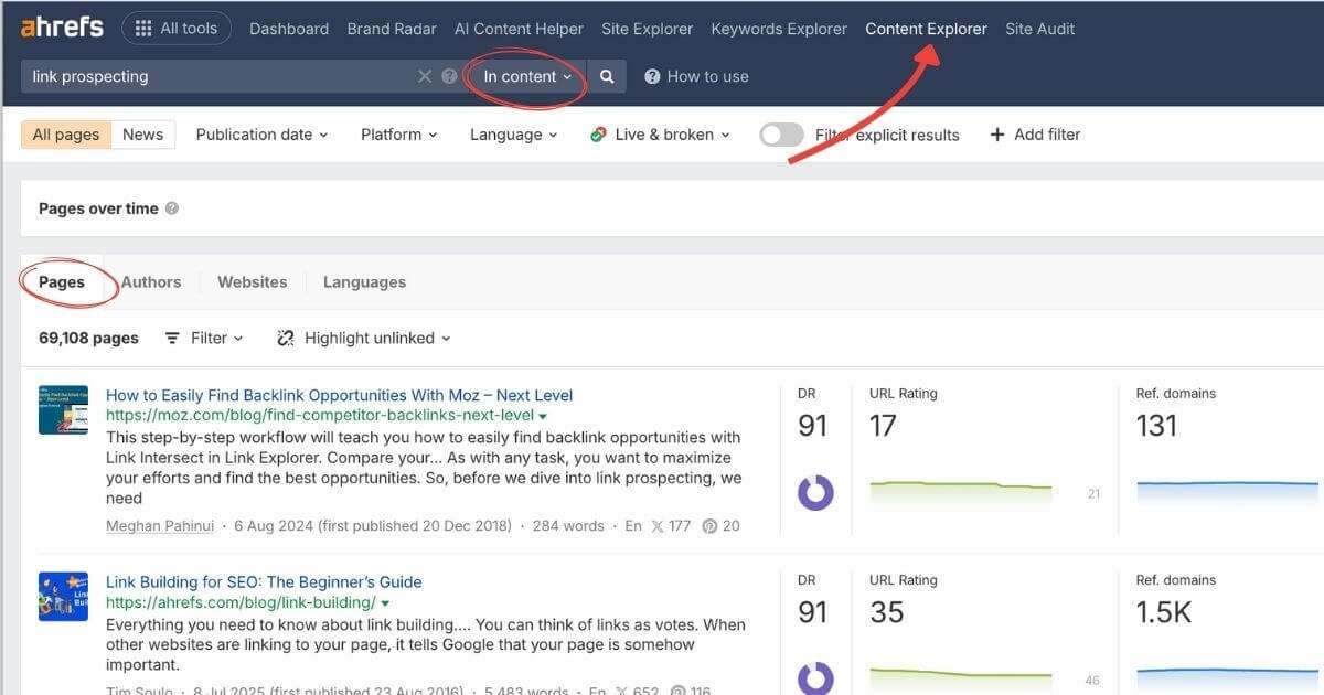 Ahrefs content explorer pages