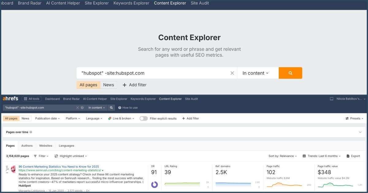 brand mentions Ahrefs Content Explorer