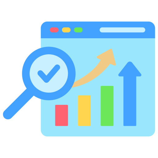 Graph with magnifying glass and checkmark