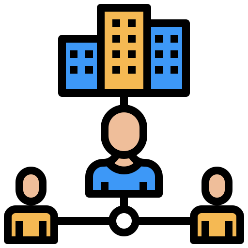 People with buildings representing organization