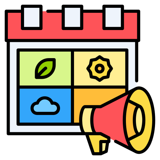 Calendar with seasonal icons and megaphone