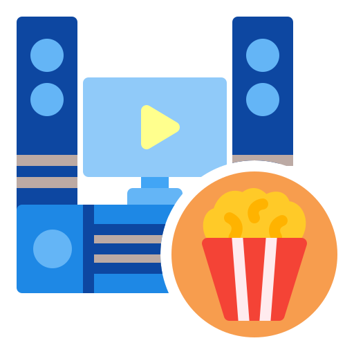 Home theater setup with popcorn icon